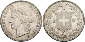 SWITZERLAND. Schweizerische Eidgenossenschaft (Swiss Confederation). 1848-present. 5 Franken 1909 B (Silver, 37 mm, 24.95 g, 6 h), Bern. CONFOEDERATIO...