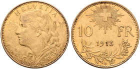 SWITZERLAND. Schweizerische Eidgenossenschaft (Swiss Confederation). 1848-present. 10 Franken 1913 B (Gold, 19 mm, 3.21 g, 6 h), Bern. HELVETIA Bust o...