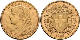SWITZERLAND. Schweizerische Eidgenossenschaft (Swiss Confederation). 1848-present. 20 Franken 1916 B (Gold, 21 mm, 6.45 g, 6 h), Bern. HELVETIA Bust o...