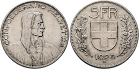 SWITZERLAND. Schweizerische Eidgenossenschaft (Swiss Confederation). 1848-present. 5 Franken 1926 B (Silver, 37 mm, 25.05 g, 6 h), Bern. CONFOEDERATIO...