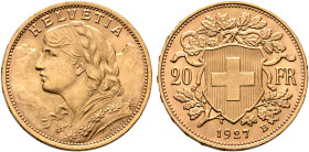 SWITZERLAND. Schweizerische Eidgenossenschaft (Swiss Confederation). 1848-present. 20 Franken 1927 B (Gold, 21 mm, 6.44 g, 6 h), Bern. HELVETIA Bust o...