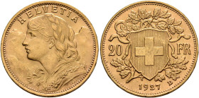 SWITZERLAND. Schweizerische Eidgenossenschaft (Swiss Confederation). 1848-present. 20 Franken 1927 B (Gold, 21 mm, 6.45 g, 6 h), Bern. HELVETIA Bust o...