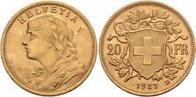 SWITZERLAND. Schweizerische Eidgenossenschaft (Swiss Confederation). 1848-present. 20 Franken 1927 B (Gold, 21 mm, 6.45 g, 6 h), Bern. HELVETIA Bust o...