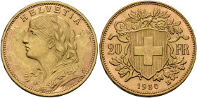 SWITZERLAND. Schweizerische Eidgenossenschaft (Swiss Confederation). 1848-present. 20 Franken 1930 B (Gold, 21 mm, 6.47 g, 6 h), Bern. HELVETIA Bust o...