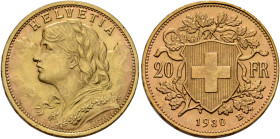 SWITZERLAND. Schweizerische Eidgenossenschaft (Swiss Confederation). 1848-present. 20 Franken 1930 B (Gold, 21 mm, 6.48 g, 6 h), Bern. HELVETIA Bust o...