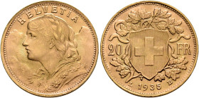 SWITZERLAND. Schweizerische Eidgenossenschaft (Swiss Confederation). 1848-present. 20 Franken 1935 LB (Gold, 21 mm, 6.45 g, 6 h), Bern. HELVETIA Bust ...