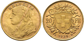 SWITZERLAND. Schweizerische Eidgenossenschaft (Swiss Confederation). 1848-present. 20 Franken 1935 LB (Gold, 21 mm, 6.45 g, 6 h), Bern. HELVETIA Bust ...