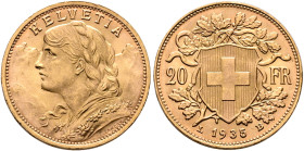 SWITZERLAND. Schweizerische Eidgenossenschaft (Swiss Confederation). 1848-present. 20 Franken 1935 LB (Gold, 21 mm, 6.45 g, 6 h), Bern. HELVETIA Bust ...