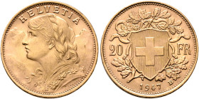 SWITZERLAND. Schweizerische Eidgenossenschaft (Swiss Confederation). 1848-present. 20 Franken 1947 B (Gold, 21 mm, 6.44 g, 6 h), Bern. HELVETIA Bust o...