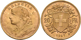 SWITZERLAND. Schweizerische Eidgenossenschaft (Swiss Confederation). 1848-present. 20 Franken 1947 B (Gold, 21 mm, 6.45 g, 6 h), Bern. HELVETIA Bust o...