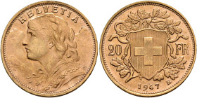 SWITZERLAND. Schweizerische Eidgenossenschaft (Swiss Confederation). 1848-present. 20 Franken 1947 B (Gold, 21 mm, 6.46 g, 6 h), Bern. HELVETIA Bust o...