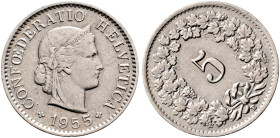 SWITZERLAND. Schweizerische Eidgenossenschaft (Swiss Confederation). 1848-present. 5 Rappen 1955 (Nickel, 17 mm, 1.95 g, 10 h), 315 degree die rotatio...