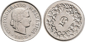 SWITZERLAND. Schweizerische Eidgenossenschaft (Swiss Confederation). 1848-present. 5 Rappen 1955 (Nickel, 17 mm, 2.00 g, 7 h), 210 degree die rotation...