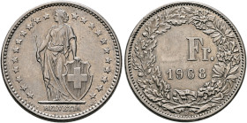 SWITZERLAND. Schweizerische Eidgenossenschaft (Swiss Confederation). 1848-present. 2 Franken 1968 B (Copper-Nickel, 27 mm, 8.84 g, 6 h), struck-throug...