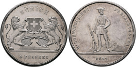 SWITZERLAND. Schützentaler (Shooting Talers). 5 Franken 1859 (Silver, 37 mm, 25.01 g, 12 h), on the Confederate Shooting Festival in Zürich. ZÜRICH / ...