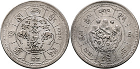 TIBET. 1912-1951. 10 Srang 1949 (Silver, 32 mm, 16.07 g, 12 h). ཆོས་སྲིད་ གཉིས་ལྡན་ རབ་བྱུང་ བཅུ་དྲུག་ / སོ - ༢༢ / སྲང - ༡༠ Two Mongoose facing a bann...