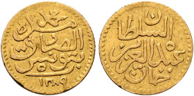 TUNISIA, Husaynid Beys. Muhammad III al-Sadiq, AH 1276-1299 / AD 1859-1882. 5 Piastres (Gold, 13 mm, 0.94 g, 12 h), Tunis, AH 1289 = AD 1872/3. Citing...