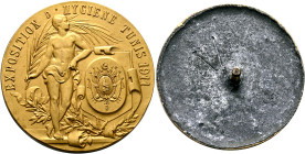TUNISIA, Husaynid Beys. Muhammad V al-Nasir, AH 1324-1341 / AD 1906-1922. Medal 1911 (Gilt Bronze, 50 mm, 36.40 g), on the Hygiene exhibition in Tunis...
