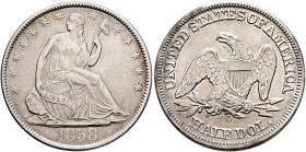 UNITED STATES. Federal Issues. Seated Liberty Half Dollar 1858 O (Silver, 30 mm, 12.43 g, 6 h), no motto, New Orleans. Liberty seated to right with he...