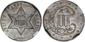 UNITED STATES. 1776-pres. 3 Cents 1860 (Silver, 14 mm, 0.80 g), Philadelphia. UNITED STATES OF AMERICA / 1860 Shield on six sided star. Rev. III withi...