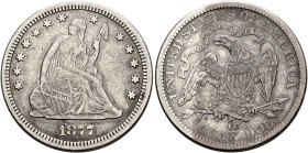 UNITED STATES. Federal Issues. Seated Liberty Quarter 1877 CC (Silver, 24 mm, 6.18 g, 6 h), Carson City. Liberty seated to right with her head turned ...