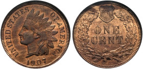 UNITED STATES. 1776-pres. Indian Head Cent 1907 (Bronze, 18 mm, 3.11 g, 6 h), Philadelphia. UNITED STATES - OF AMERICA / 1907 Head of Liberty with Ind...