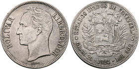 VENEZUELA. Republic. 1830-pres. 5 Bolivares 1924 (Silver, 37 mm, 24.95 g, 6 h), Philadelphia. BOLIVAR - LIBERATOR Bare head of Simon Bolivar to elft. ...