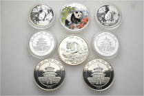 A lot containing 8 silver coins. All: China. Silver Pandas. Proof. Total weight: 214 g (packaging included). LOT SOLD AS IS, NO RETURNS. 8 coins in lo...