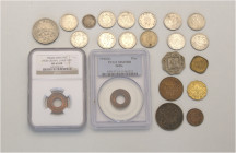 A lot containing 22 silver, bronze and copper nickel coins. All: India. British India. Very fine to FDC. LOT SOLD AS IS, NO RETURNS. 22 coins in lot.