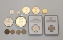 A lot containing 13 silver, bronze and copper nickel coins. All: India. Extremely fine to Proof. LOT SOLD AS IS, NO RETURNS. 13 coins in lot.