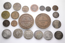 A lot containing 21 silver and billon coins. All: World. Mostly: Switzerland and Italian. Very fine to FDC. LOT SOLD AS IS, NO RETURNS. 21 coins in lo...