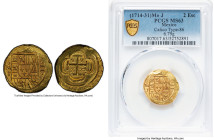 Philip V gold Cob 2 Escudos 1714 Mo-J MS63 PCGS, Mexico City mint, KM53.2, Cal-1887 (previously Cal-Type 86). 6.79gm. Despite the centuries this relic...