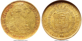 Charles III gold 8 Escudos 1777/6 Mo-FM AU50 NGC, Mexico City mint, KM156.2, Cal-2005, Onza-767. Scarce overdate variety that aligns with the year of ...
