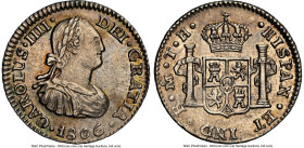 Charles IV 1/2 Real 1806 Mo-TH MS61 NGC, Mexico City mint, KM72, Cal-292. Out of the 57 examples currently graded by NGC, this Mint State representati...