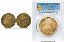 Charles IV gold 8 Escudos 1799 Mo-FM AU58 PCGS, Mexico City mint, KM159, Cal-1640. Offered here in a appreciable level of preservation, one that is te...