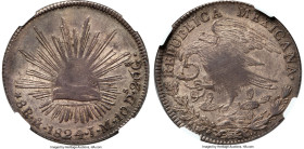 Republic "Hookneck" 8 Reales 1824 Mo-JM AU55 NGC, Mexico City mint, KM-A376.2, DP-Mo03. Hookneck eagle variety. This desirable selection from the "Hoo...