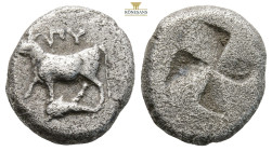 Thrace, Byzantion AR Siglos or Drachm. (5.08g, 16.7mm) Circa 340-320 BC. Bull standing to left on dolphin; BV in Megarian alphabet above / Incuse gran...