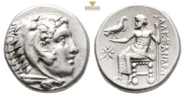Kings of Macedon, Alexander III 'the Great' AR Drachm. (4.32g, 15.9mm) Lampsakos, circa 328-323 BC. Head of Herakles to right, wearing lion skin headd...