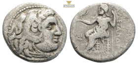 Kings of Macedon. Alexander III 'the Great' AR Drachm. (3.94g, 16.8mm) circa 323-319 BC. Head of Herakles wearing lion's skin right / Zeus Aëtophoros ...