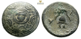 Kings of Macedon, Alexander III 'the Great'. 336-323 BC. AE (3.69g, 15.9mm) Sardes mint. Struck under Menander, circa 324/3 BC. Macedonian shield; fac...