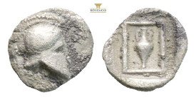 Asia Minor, uncertain mint AR Hemiobol or Tetartemorion. (0.22g, 7.1mm) Circa 450 BC. Crested Corinthian helmet right / Amphora within rectangular lin...