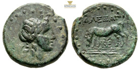 Troas, Alexandreia AE Circa 261-227 BC. (4.08g, 17mm) Laureate head of Apollo to left / Horse grazing to right; AΛE above, palm in right field, monogr...