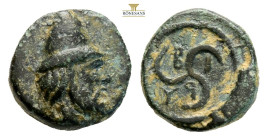 Troas, Birytis. AE 4th-3rd century BC. (0.92g, 9.6mm) Helmeted head of bearded Kabeiros to right / Triskeles; B-I-P-Y between arms. SNG München 171; S...
