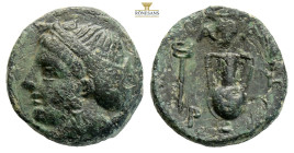 Troas, Larissa-Ptolemais AE 4th century BC. (3.63g, 14.9mm)Female head to left, hair in sphendone / Λ-[Α] [Ρ]-Ι, amphora; grape bunch above, kerykeion...