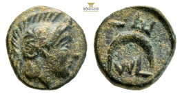 Troas, Sigeion AE 4th-3rd century BC. (0.99g, 9.4mm) Helmeted head of Athena right / ΣΓ, crescent to left. SNG Copenhagen 499-500; SNG von Aulock