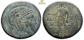 Pontos, Amisos. Time of Mithradates VI Eupator, AE circa 85-65 BC. (19.52g, 29mm) Helmeted head of Athena right / Perseus standing facing, holding har...