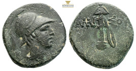 Pontos, Amisos. AE Circa 111-105 or 95-90 BC. (7.61g, 21.6mm) Helmeted head of Ares right / AΜΙ-ΣΟΥ, sword in sheath, between two monograms. SNG Stanc...