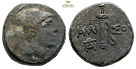 Pontos, Amisos. Time of Mithradates VI, AE circa 111-105 or 95-90 BC. (8.15g, 19.7mm) Head of Ares(?) right, wearing crested Attic helmet / Sword in s...