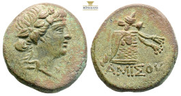 Pontos, Amisos. Time of Mithradates VI Eupator, AE circa 120-63 BC. (8.26g, 21.7mm) Wreathed head of Dionysos right / Cista mystica overlaid with pant...
