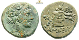 Pontos, Amisos. Time of Mithradates VI, AE circa 105-90 or 100-95 BC. (9.21g, 21.2mm) Ivy-wreathed head of Dionysos right / Thyrsos leaning against ci...